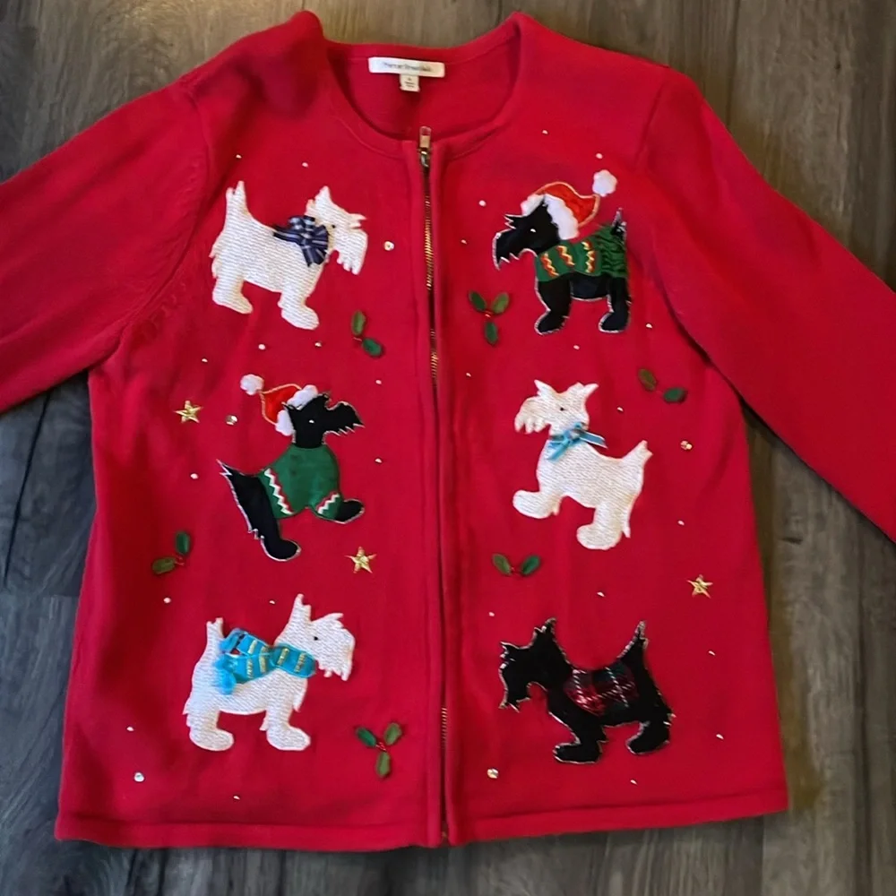 Mercer Street Studio, Christmas Sweater, doggies, zipper sweater, size Small